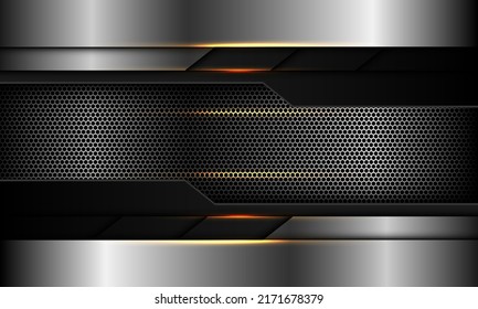 Resumen de luz de oro geométrica geométrica plateada en el diseño de malla hexagonal negro tecnología moderna ilustración vectorial de fondo futurista.