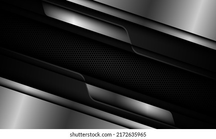 Abstract silver cyber grey metallic geometric on black hexagon mesh design modern technology futuristic background vector illustration.