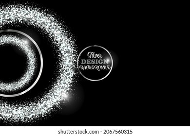 Abstract silver dust in circle shape on dark background, brochure template