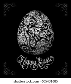 Abstract silver easter egg on black background. Vector eps10 illustration. Happy easter ornate silver lettering
