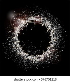 Abstract silver glitter background. Bright stars and lamps for holiday postcard.