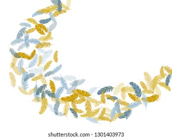 Abstract silver gold feathers vector background. Easy plumelet ethnic indian graphics. Angel wing plumage concept. Flying feather elements airy vector design.