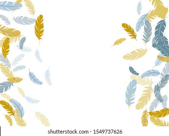 Abstract silver gold feathers vector background. Bird wing plumage boho line art. Decorative confetti of festive plumelet. Detailed majestic feather on white design.