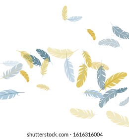 Abstract silver gold feathers vector background. Lightweigt plumelet windy floating pattern. Detailed majestic feather on white design. Plumage glamour fashion shower decor.