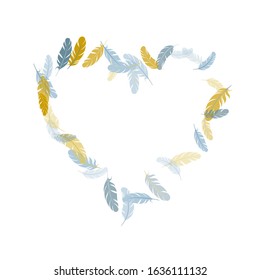 Abstract silver gold feathers vector background. Detailed majestic feather on white design. Angel wing plumage concept. Easy plumelet ethnic indian graphics.