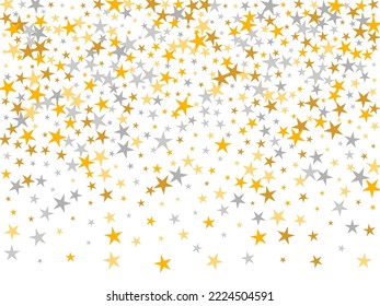 Abstract silver and gold stars falling vector background. Little starburst spangles New Year decoration confetti. Cartoon stars falling texture. Sparkle symbols poster decor.