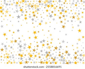 Abstract silver and gold stars falling scatter design. Many stardust spangles New Year decoration particles. Wedding stars falling illustration. Spangle particles banner decor.