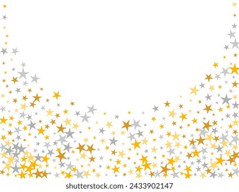 Abstract silver and gold stars random vector background. Many stardust spangles New Year decoration particles. Baby shower stars random design. Spangle particles congratulations decor.