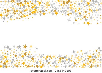 Abstract silver and gold stars random scatter background. Little starburst spangles Christmas decoration particles. Baby shower stars random texture. Spangle particles banner decor.