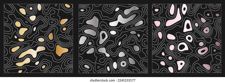 Abstract silver golden liquid pattern with gradient texture on black background. Vector illustration. 