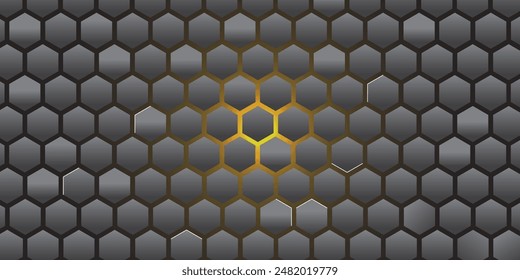 Abstract silver gradient background. Hexagonal structure shape. Hexagonal banner design. Bright yellow combination silver color design. Eps10 vector