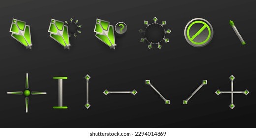 Abstract silver and green custom gaming mouse cursor ui icons set