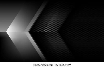 Abstract silver grey metallic arrow direction overlap on dark circle mesh pattern blank space design modern luxury futuristic background vector illustration.