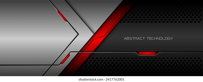 Abstract silver grey metallic red light power geometric overlap on circle mesh design modern luxury futuristic background vector illustration.	
