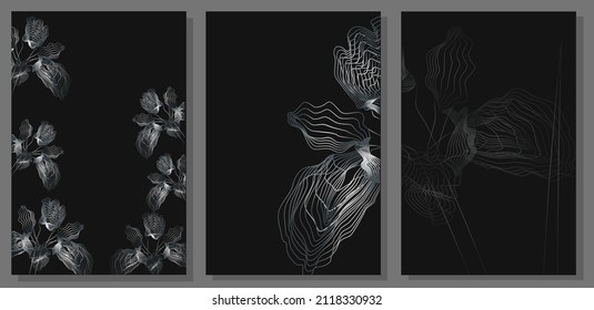 Abstract silver iris flowers in outline art. Luxurious black and silver brochure. Elegant art design metallic lines, for invitations, celebrations, postcards. 