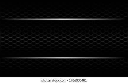 Abstract silver line banner on black hexagon mesh pattern metallic design modern luxury futuristic background vector illustration.