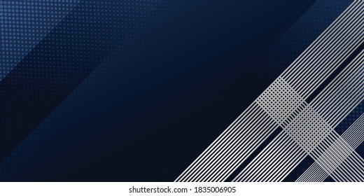 Abstract silver line direction on dark blue metallic with dark halftone circle mesh pattern design modern futuristic technology style background. Vector illustration for presentation design and more