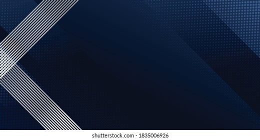 Abstract silver line direction on dark blue metallic with dark halftone circle mesh pattern design modern futuristic technology style background. Vector illustration for presentation design and more