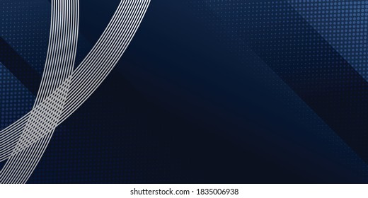 Abstract silver line direction on dark blue metallic with dark halftone circle mesh pattern design modern futuristic technology style background. Vector illustration for presentation design and more