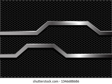 Abstract silver line polygon banner on dark grey hexagon mesh design modern luxury futuristic background vector illustration.