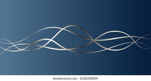 Abstract Silver Lines on a Deep Blue Background. This sophisticated abstract image features flowing, silver lines intertwined against a deep navy blue gradient background.