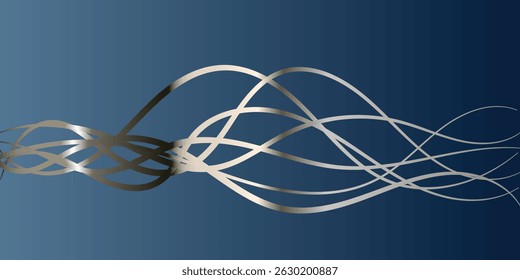 Abstract Silver Lines on a Deep Blue Background. This sophisticated abstract image features flowing, silver lines intertwined against a deep navy blue gradient background.