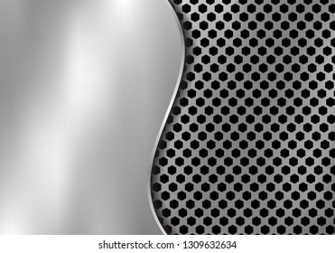 Abstract silver metal background made from hexagon pattern texture with curve sheet iron. Geometric black and white. Vector illustration