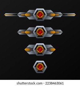 Abstract silver metal and gold level achievement badge with red gemstone buttons for game ui design