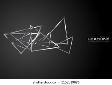 Abstract silver metallic triangles on black background. Tech vector design