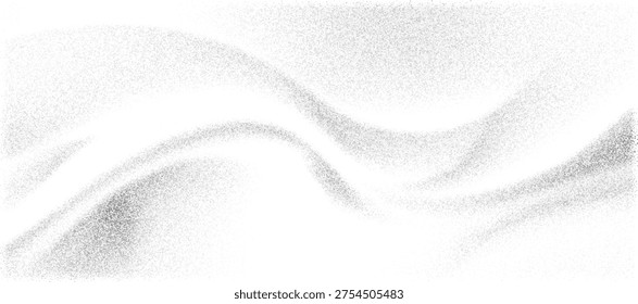 Abstract silver noise wave background vector with grain texture. Elegant white silk flow with grit and dust particles. Ethereal misty atmosphere with hazy fog and subtle gray gradient bg.