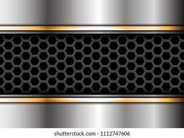 Abstract silver plat golden line overlap on hexagon mesh design modern futuristic background vector illustration.