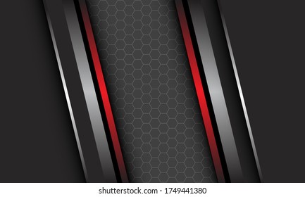 Abstract silver red metallic line on dark grey with hexagon mesh pattern blank space design modern luxury futuristic technology background vector illustration.