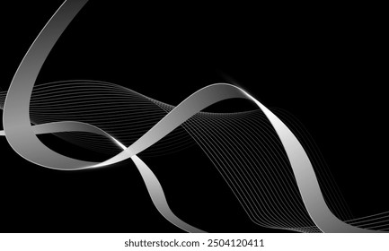 Abstract silver ribbon curve wave overlap on black design modern luxury background vector illustration.