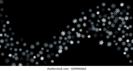 Abstract silver star of confetti. Falling starry background. Random stars shine on a black background. The dark sky with shining stars.  Suitable for your design, cards, invitations, gifts. 