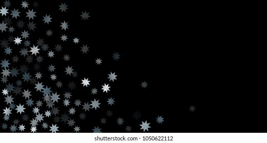 Abstract silver star of confetti. Falling starry background. Random stars shine on a black background. The dark sky with shining stars.  Suitable for your design, cards, invitations, gifts. 