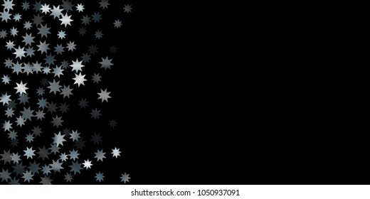 Abstract silver star of confetti. Falling starry background. Random stars shine on a black background. The dark sky with shining stars.  Suitable for your design, cards, invitations, gifts. 