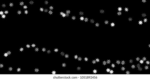 Abstract silver star of confetti. Falling starry background. Random stars shine on a black background. The dark sky with shining stars.  Suitable for your design, cards, invitations, gifts. 