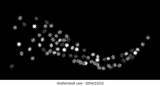 Abstract silver star of confetti. Falling starry background. Random stars shine on a black background. The dark sky with shining stars.  Suitable for your design, cards, invitations, gifts. 