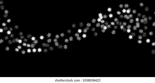 Abstract silver star of confetti. Falling starry background. Random stars shine on a black background. The dark sky with shining stars.  Suitable for your design, cards, invitations, gifts. 