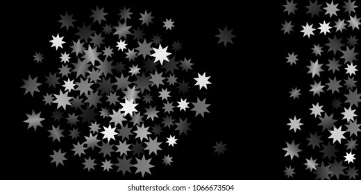 Abstract silver star of confetti. Falling starry background. Random stars shine on a black background. The dark sky with shining stars.  Suitable for your design, cards, invitations, gifts. 