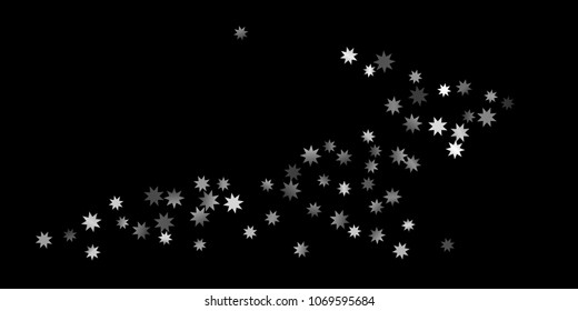 Abstract silver star of confetti. Falling starry background. Random stars shine on a black background. The dark sky with shining stars.  Suitable for your design, cards, invitations, gifts. 