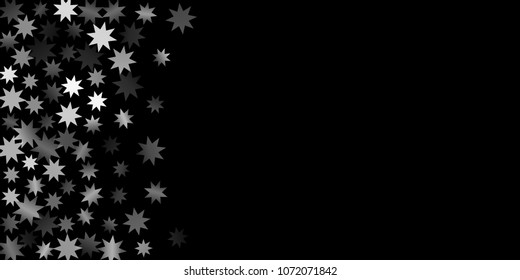 Abstract silver star of confetti. Falling starry background. Random stars shine on a black background. The dark sky with shining stars.  Suitable for your design, cards, invitations, gifts. 