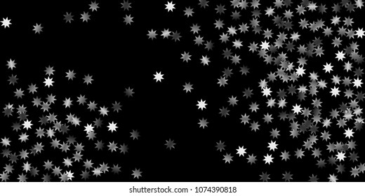 Abstract silver star of confetti. Falling starry background. Random stars shine on a black background. The dark sky with shining stars.  Suitable for your design, cards, invitations, gifts. 
