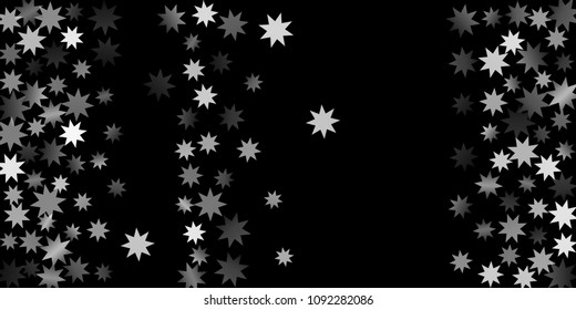 Abstract silver star of confetti. Falling starry background. Random stars shine on a black background. The dark sky with shining stars.  Suitable for your design, cards, invitations, gifts. 