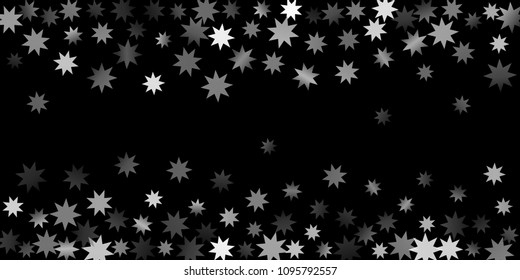 Abstract silver star of confetti. Falling starry background. Random stars shine on a black background. The dark sky with shining stars.  Suitable for your design, cards, invitations, gifts. 