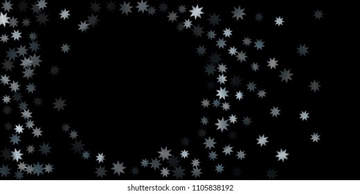 Abstract silver star of confetti. Falling starry background. Random stars shine on a black background. The dark sky with shining stars.  Suitable for your design, cards, invitations, gifts. 