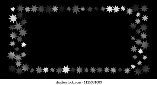 Abstract silver star of confetti. Falling starry background. Random stars shine on a black background. The dark sky with shining stars.  Suitable for your design, cards, invitations, gifts. 