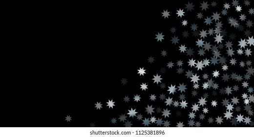 Abstract silver star of confetti. Falling starry background. Random stars shine on a black background. The dark sky with shining stars.  Suitable for your design, cards, invitations, gifts. 