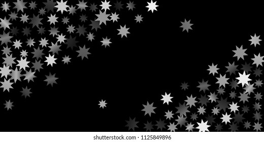 Abstract silver star of confetti. Falling starry background. Random stars shine on a black background. The dark sky with shining stars.  Suitable for your design, cards, invitations, gifts. 