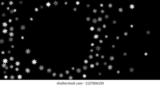 Abstract silver star of confetti. Falling starry background. Random stars shine on a black background. The dark sky with shining stars.  Suitable for your design, cards, invitations, gifts. 